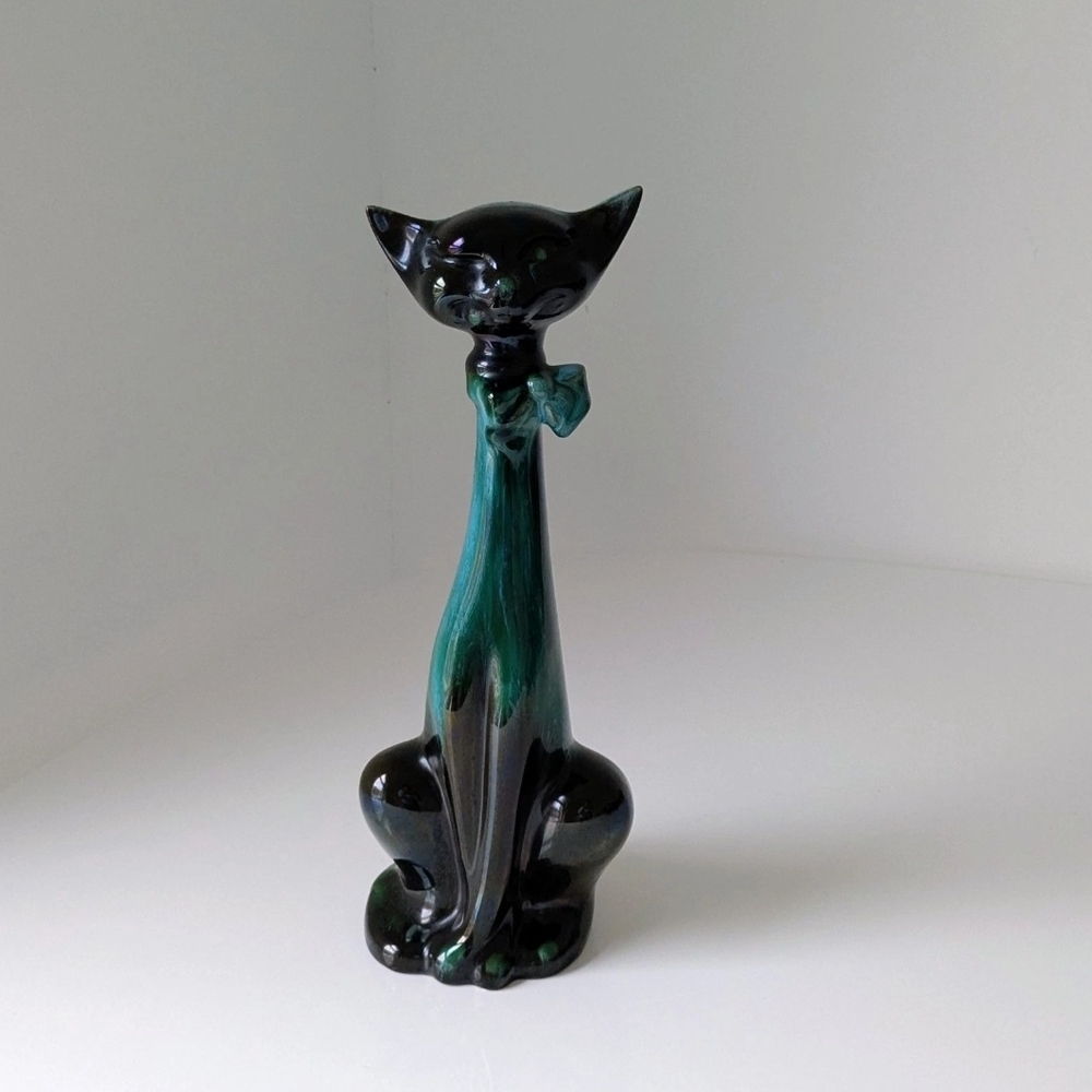 Tall Vintage Drip Glaze Cat Figurine – Black & Teal Ceramic Statue – MCM